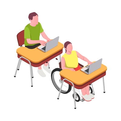 Inclusive education isometric composition with human characters of disabled people developing vector illustration