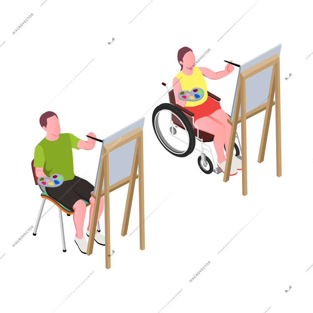 Inclusive education isometric composition with human characters of disabled people developing vector illustration