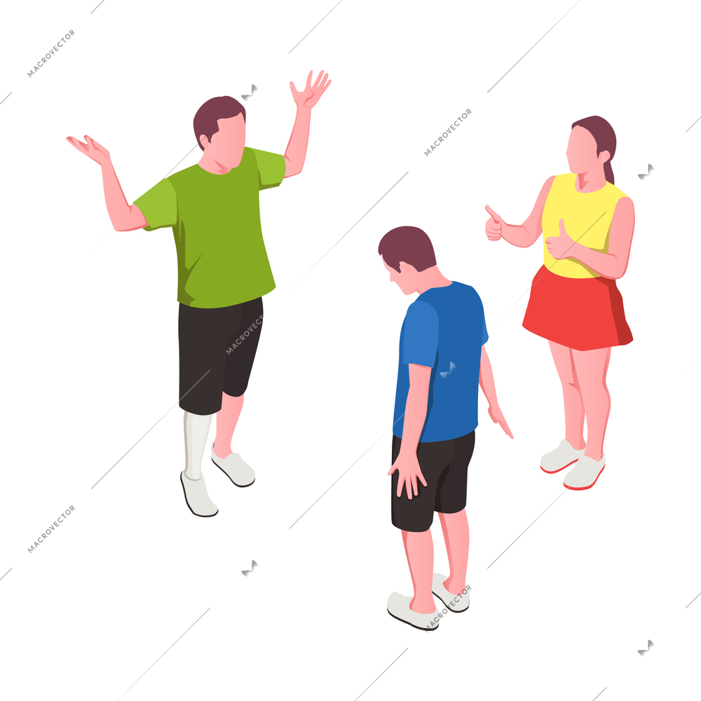 Inclusive education isometric composition with human characters of disabled people developing vector illustration