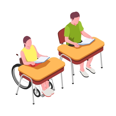 Inclusive education isometric composition with human characters of disabled people developing vector illustration