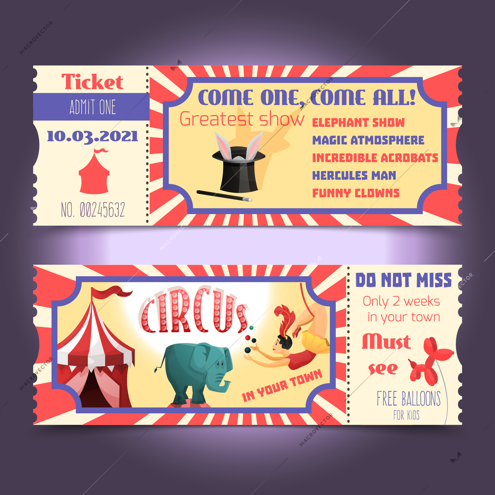 Circus retro tickets with animals acrobats magic hat isolated vector illustration