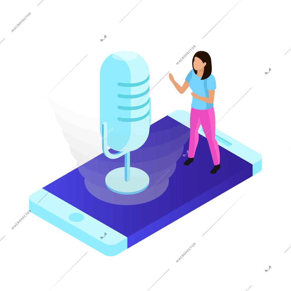 Voice control isometric composition with people controlling smart devices with speak commands vector illustration