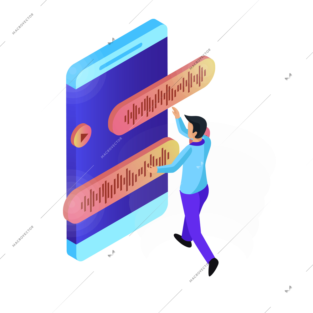 Voice control isometric composition with people controlling smart devices with speak commands vector illustration