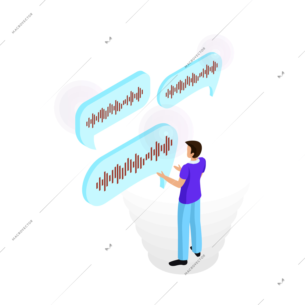 Voice control isometric composition with people controlling smart devices with speak commands vector illustration