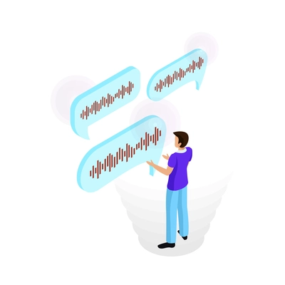 Voice control isometric composition with people controlling smart devices with speak commands vector illustration