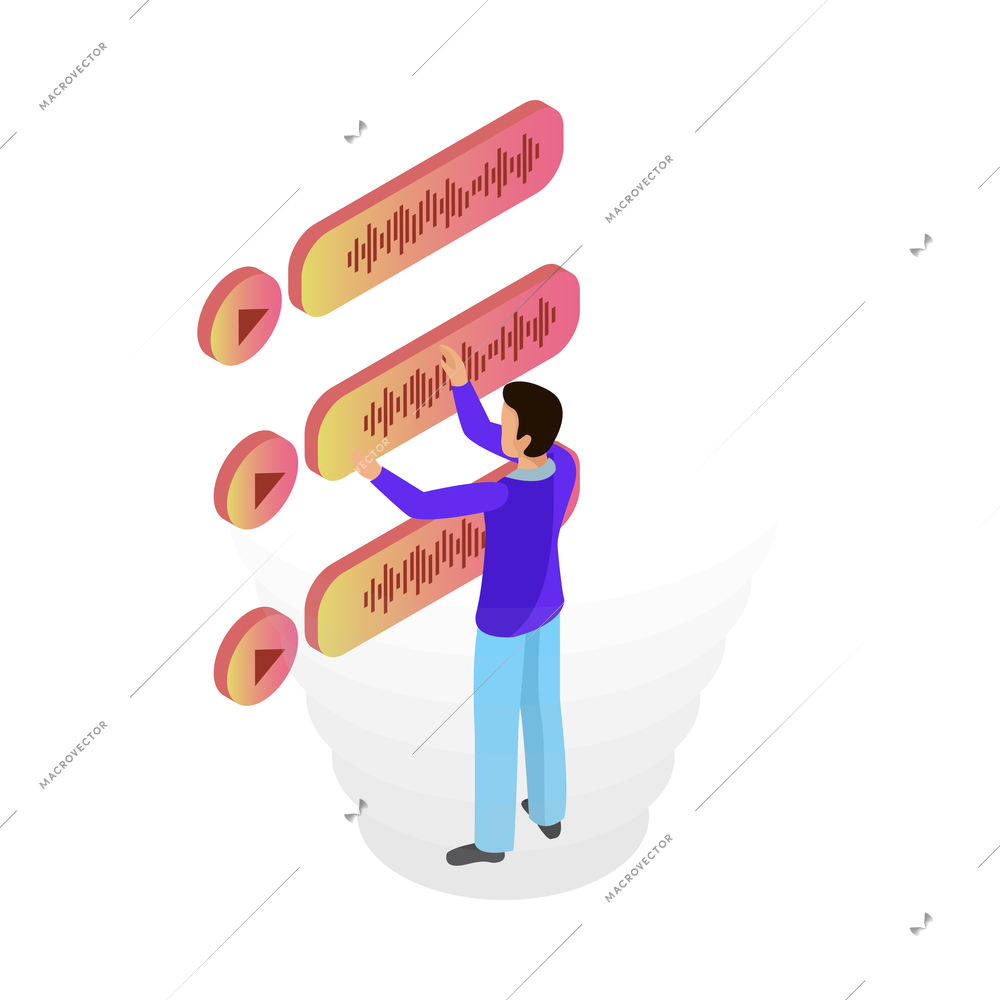 Voice control isometric composition with people controlling smart devices with speak commands vector illustration