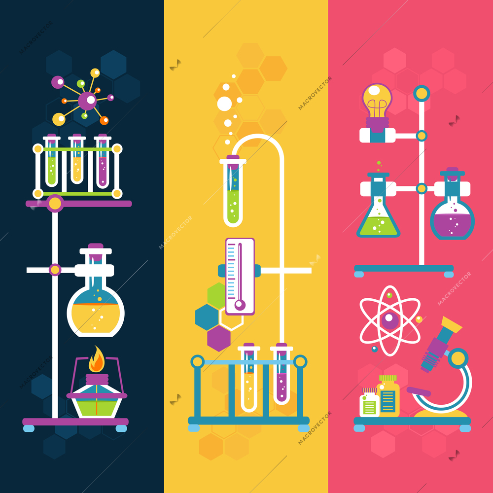 Chemistry decorative vertical banners set with laboratory flasks tubes isolated vector illustration