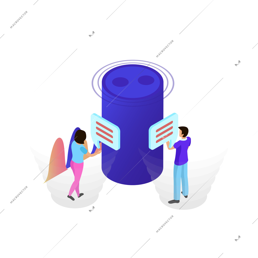 Voice control isometric composition with people controlling smart devices with speak commands vector illustration