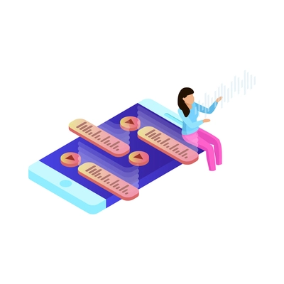 Voice control isometric composition with people controlling smart devices with speak commands vector illustration