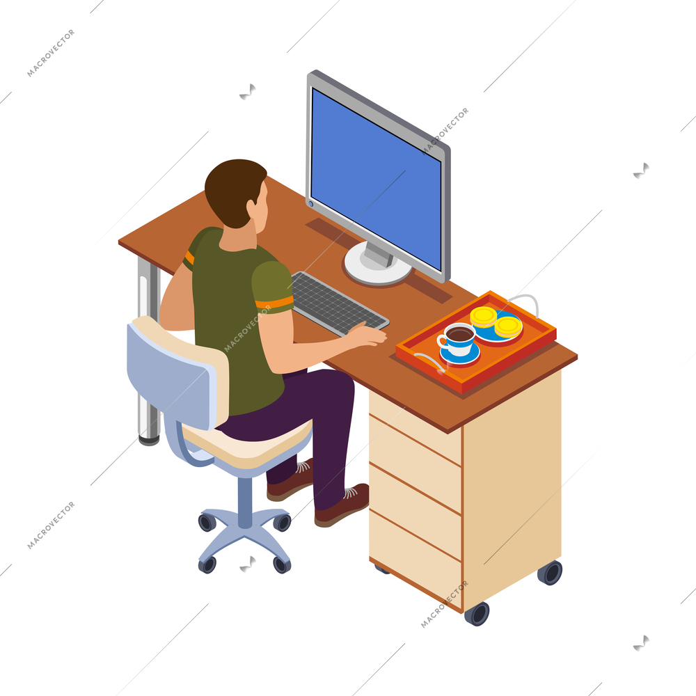 Freelancer usual day isometric composition with human character working in casual situation vector illustration