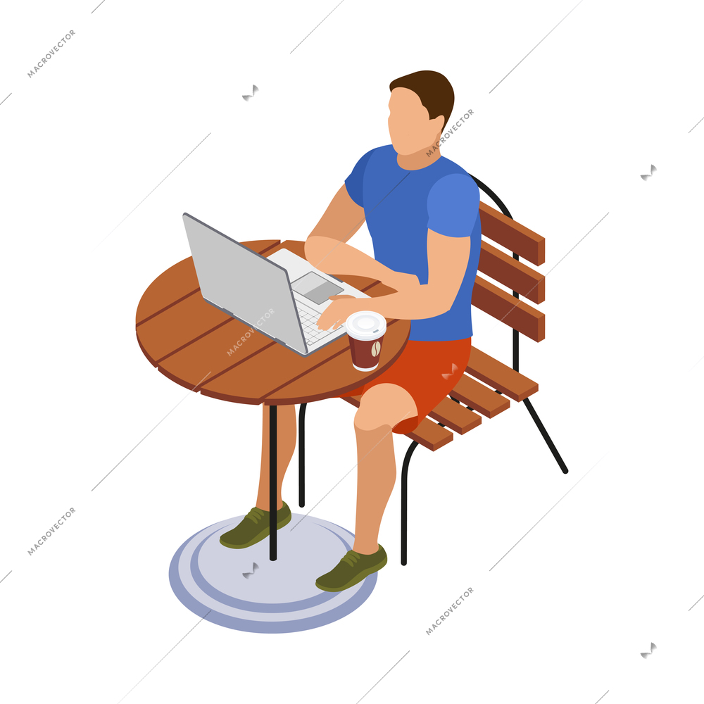 Freelancer usual day isometric composition with human character working in casual situation vector illustration