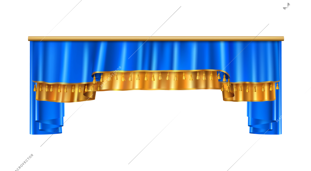 Full volume golden blue luxury draping curtains composition with realistic image on blank background vector illustration