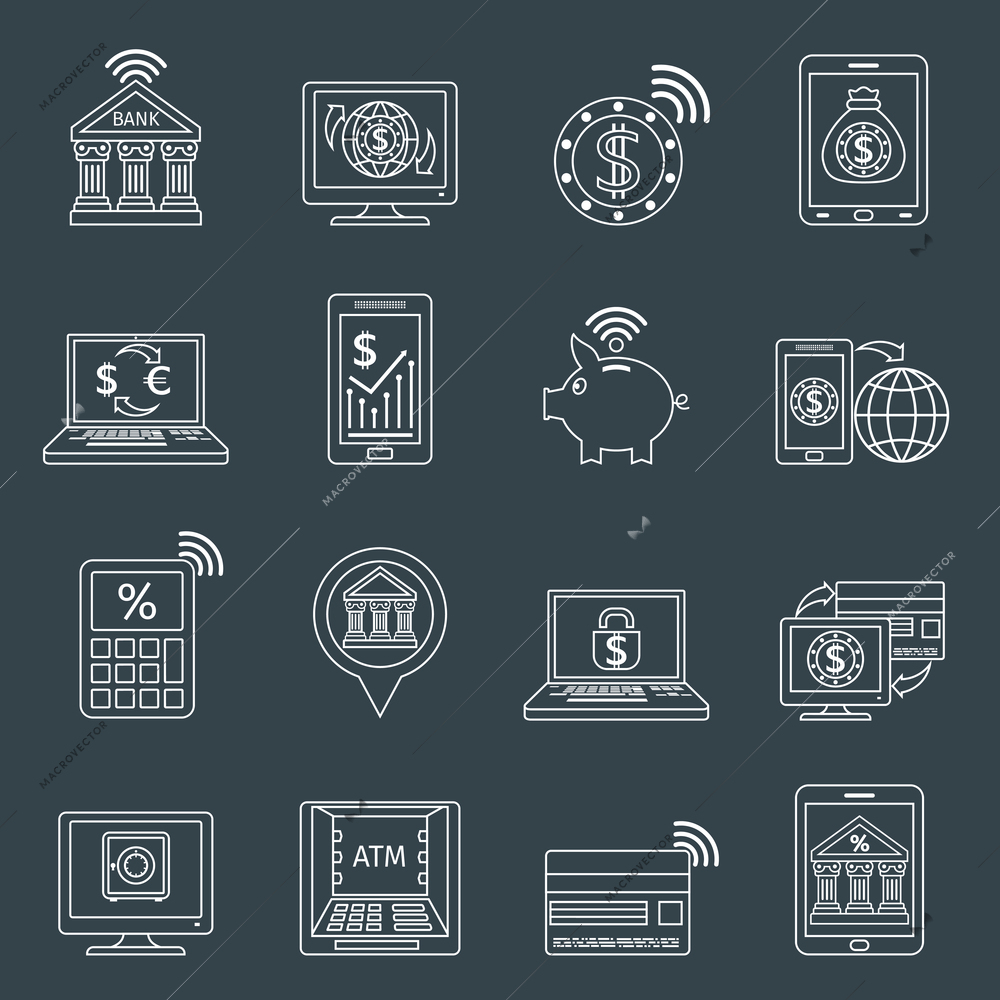 Mobile banking outline icons set with dollar euro exchange electronic account isolated vector illustration