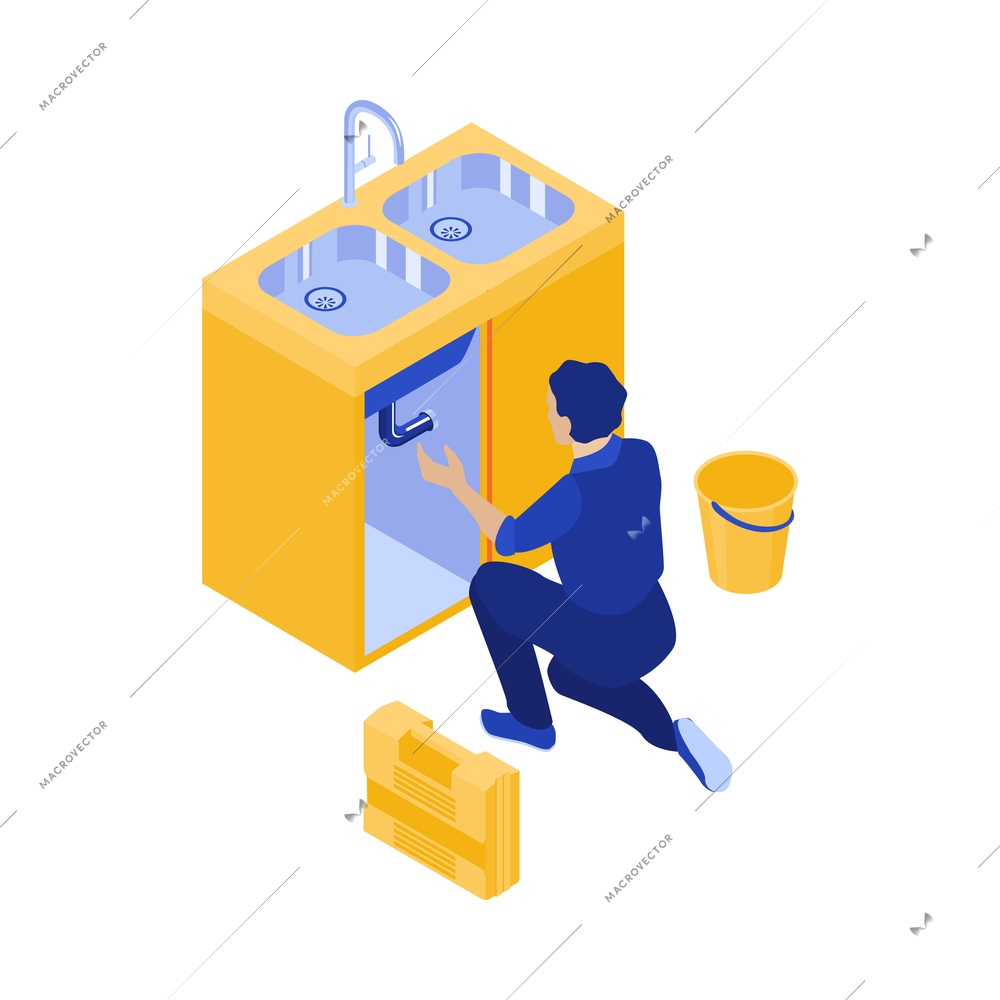 Isometric plumber composition with plumbing image isolated on white background 3d vector illustration