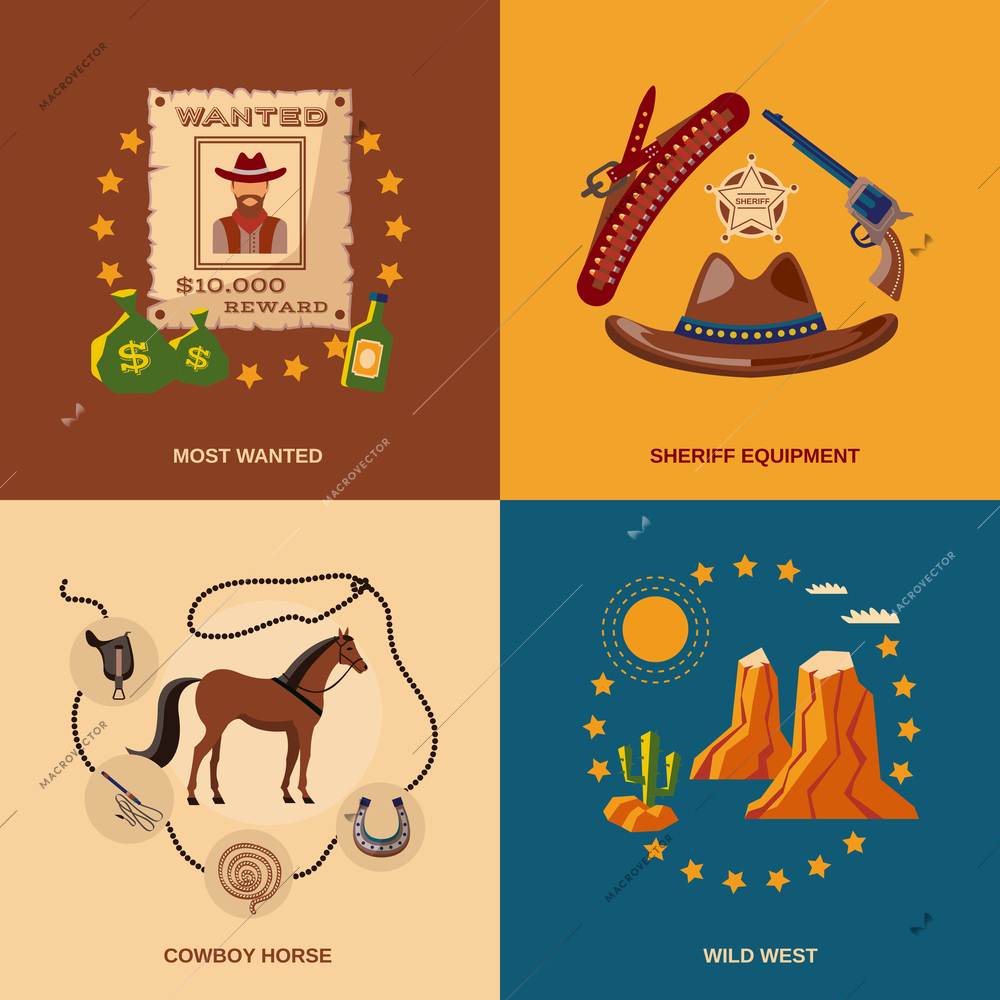 Wild west cowboy flat icons set with most wanted sheriff equipment horse isolated vector illustration