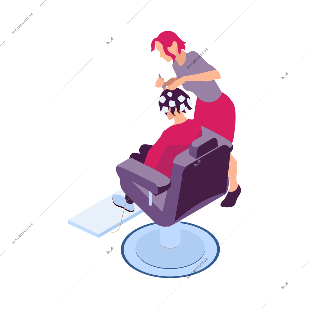 Isometric barbershop hairdressing composition with hair styling salon images on blank background vector illustration