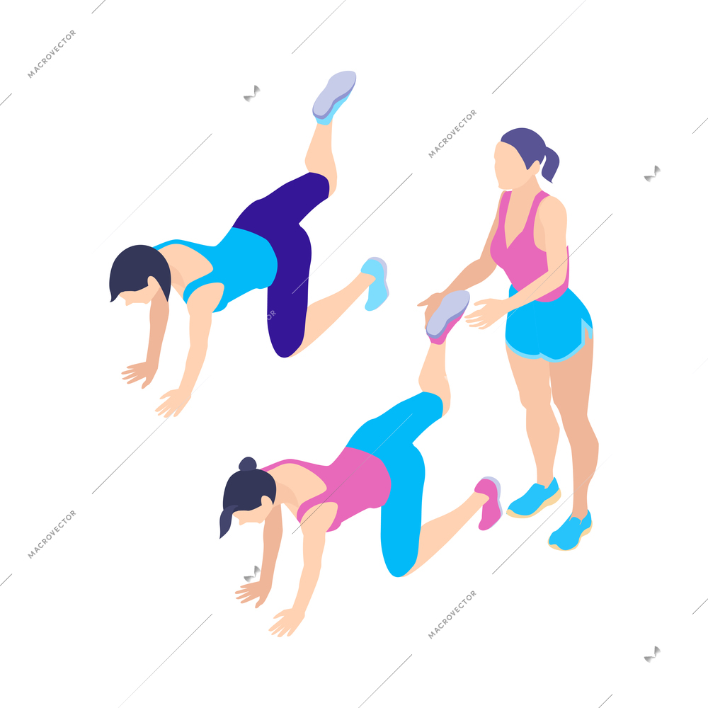 Isometric group aerobic gym dance yoga class instructor composition isolated on blank background vector illustration