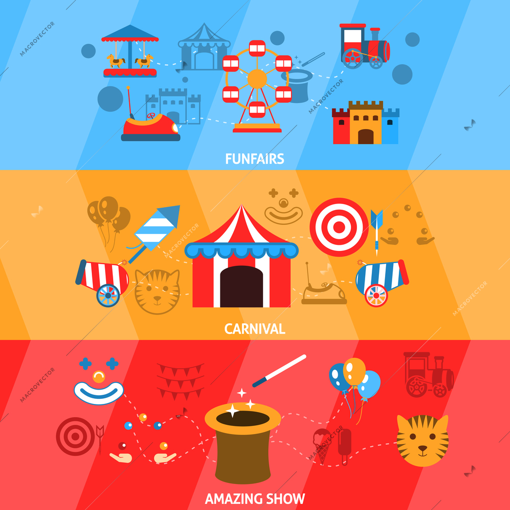 Amusement park flat horizontal banner set with funfairs carnival amazing show isolated vector illustration