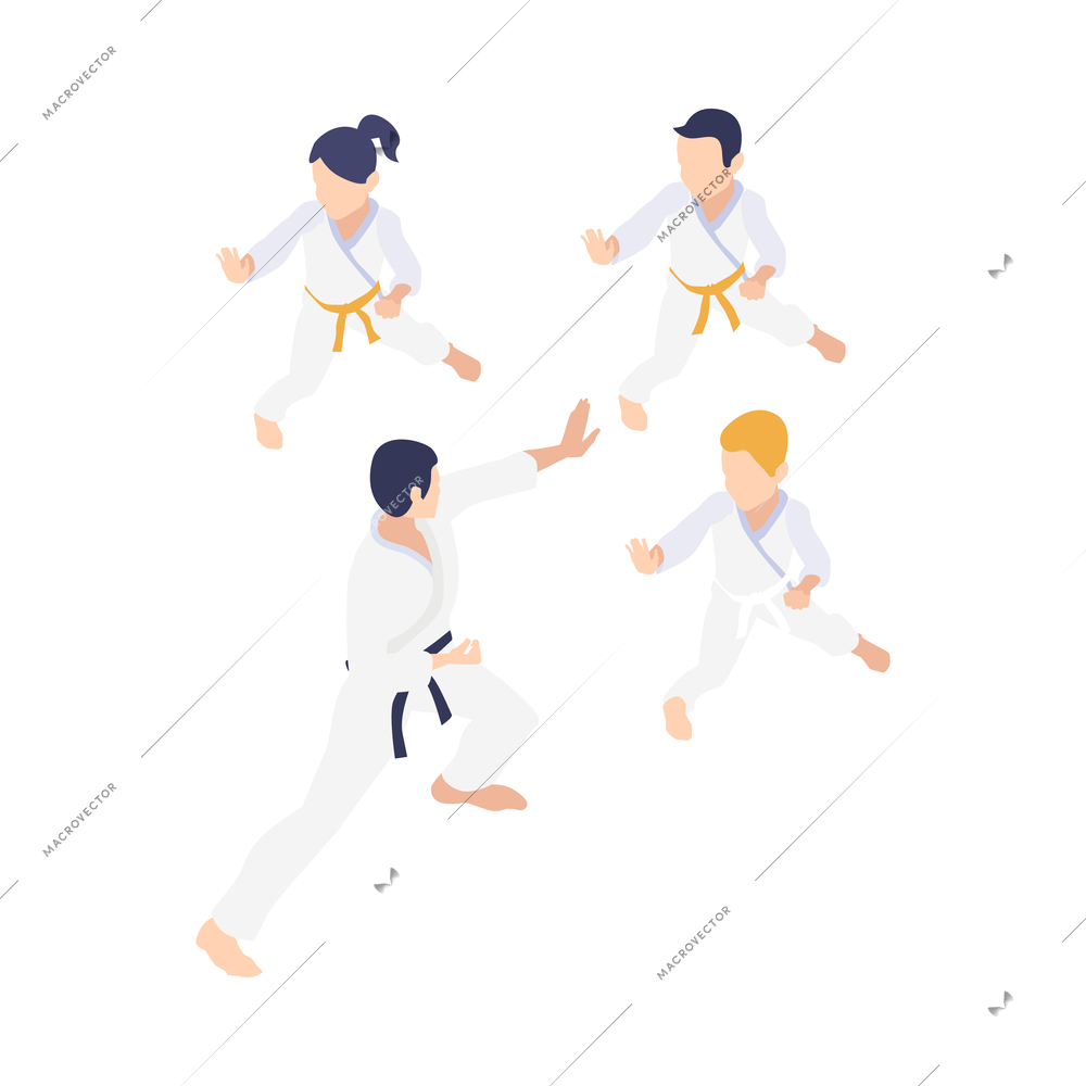 Isometric group aerobic gym dance yoga class instructor composition isolated on blank background vector illustration