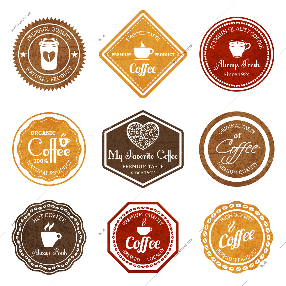 Coffee retro vintage premium quality natural product smooth taste always fresh labels set isolated vector illustration.