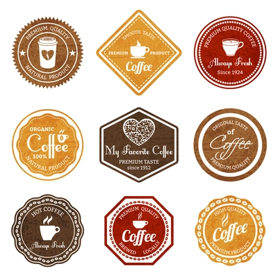 Coffee retro vintage premium quality natural product smooth taste always fresh labels set isolated vector illustration.