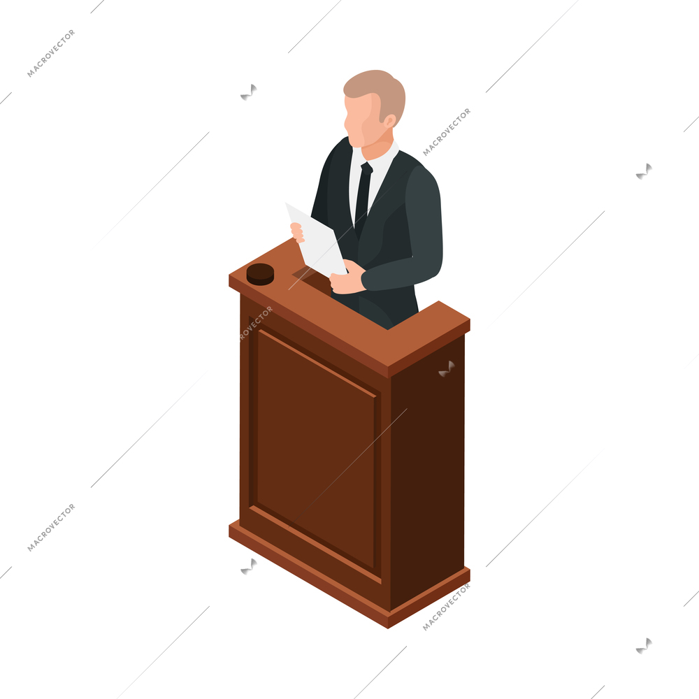 Law justice isometric composition with isolated image of court trial element on blank background vector illustration