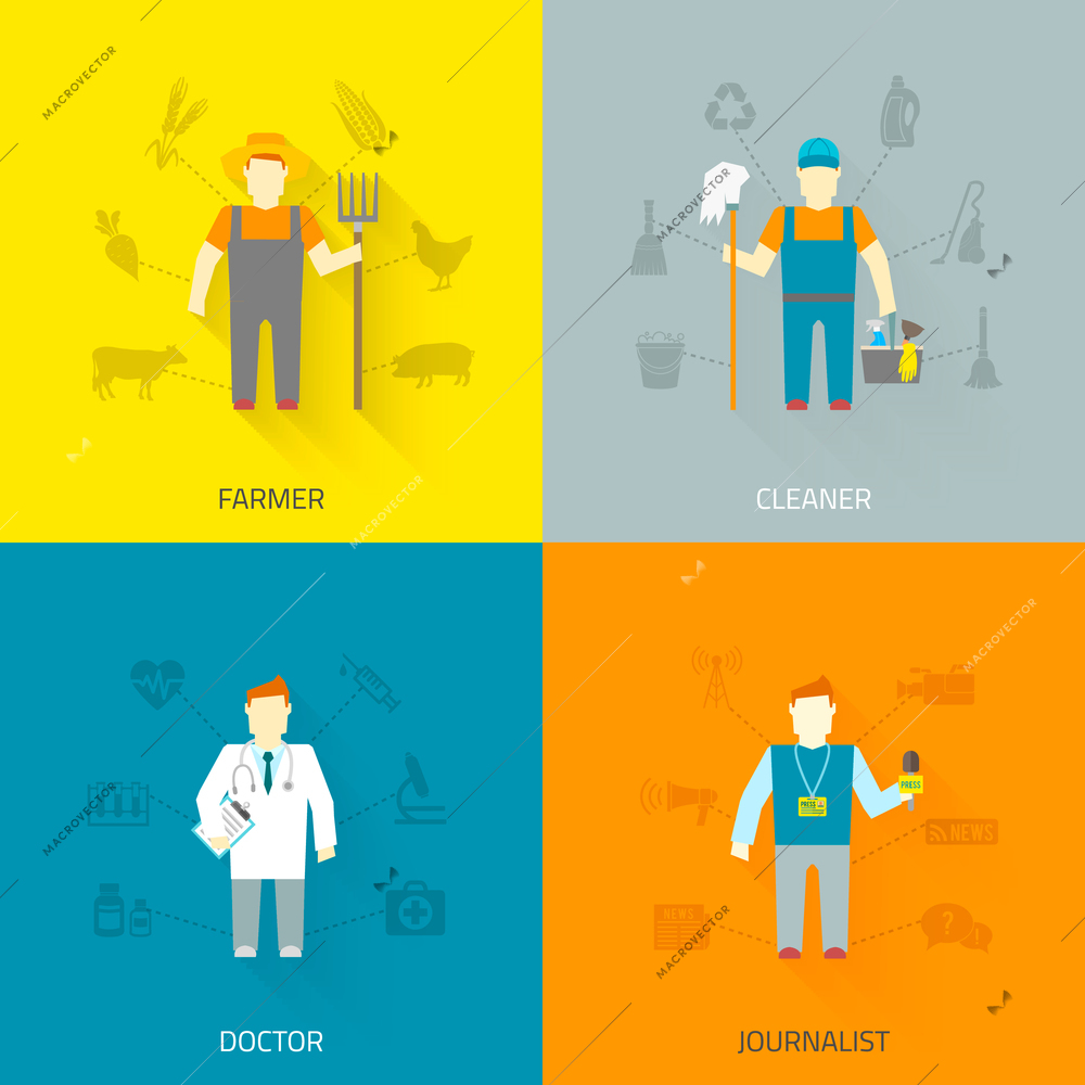 Profession cartoon male characters 4x4 flat icons composition of farmer cleaner doctor journalist abstract isolated  vector  illustration