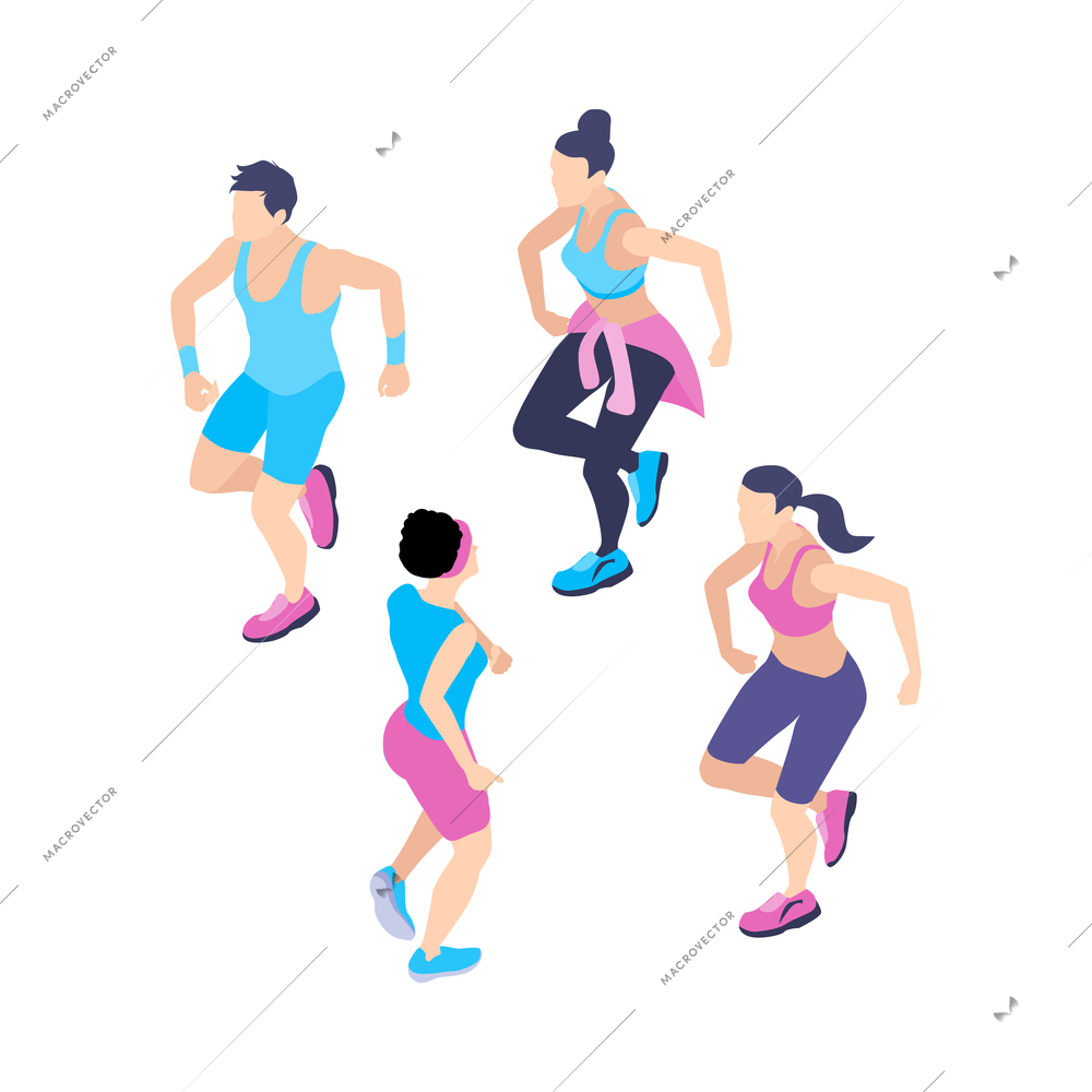 Isometric group aerobic gym dance yoga class instructor composition isolated on blank background vector illustration