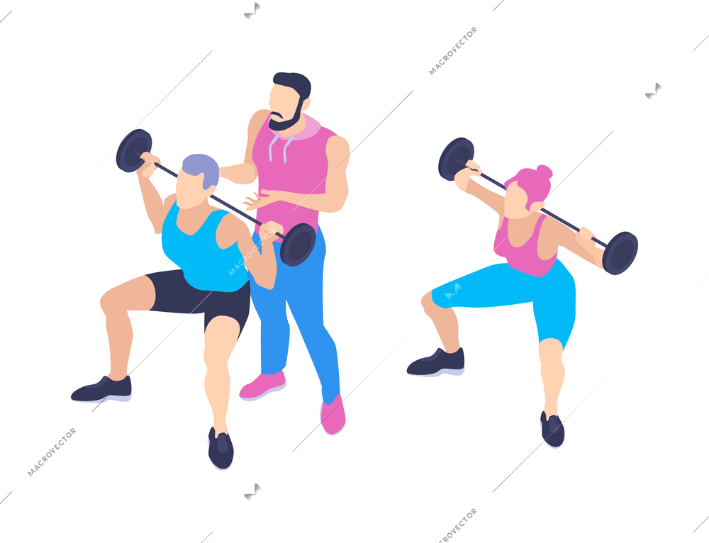 Isometric group aerobic gym dance yoga class instructor composition isolated on blank background vector illustration