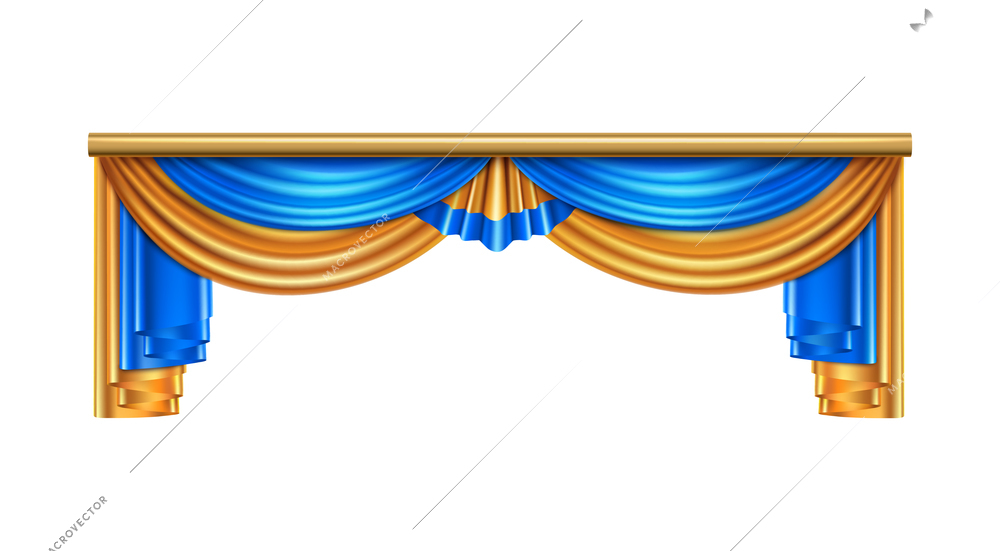 Full volume golden blue luxury draping curtains composition with realistic image on blank background vector illustration