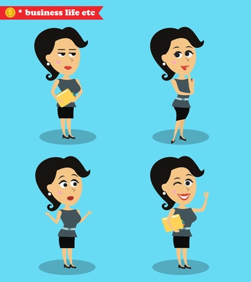 Business women life. Successful office girl standing set of emotion poses vector illustration