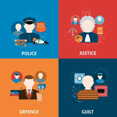 Corruption crime punishment and legal civil law defense justice officer four flat icons composition abstract vector illustration