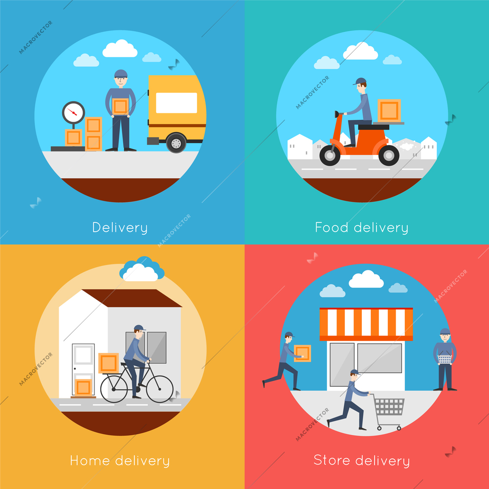 Delivery icons flat set with food home store services isolated vector illustration