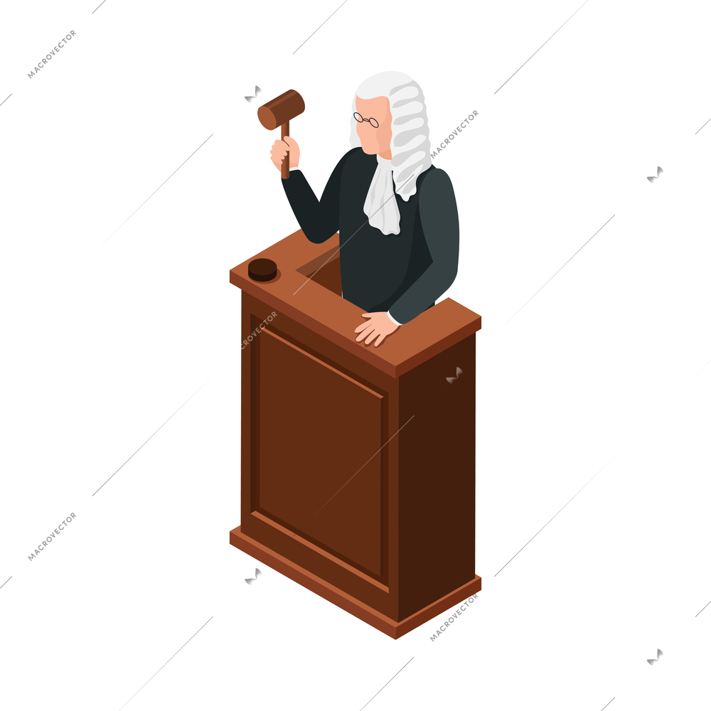 Law justice isometric composition with isolated image of court trial element on blank background vector illustration