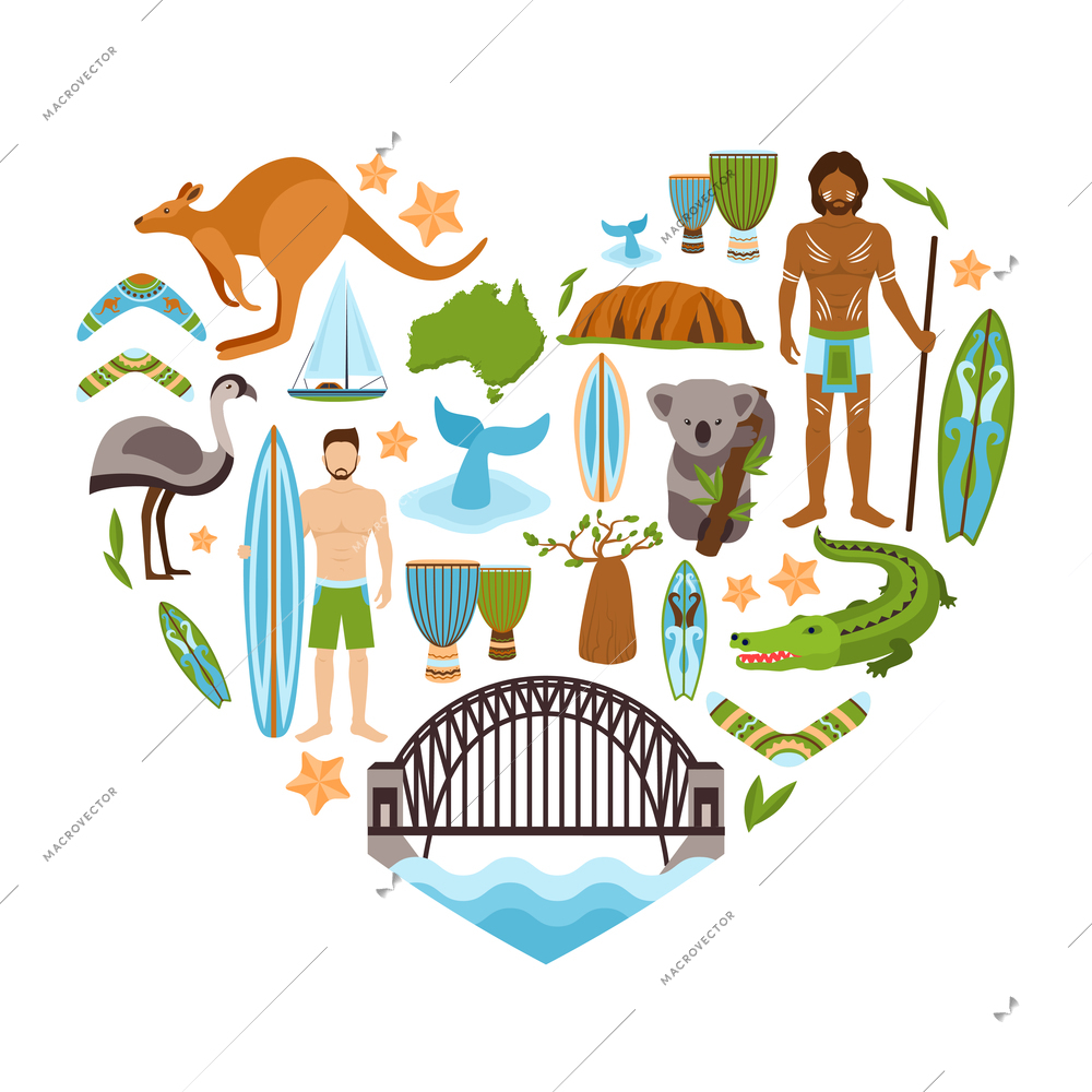 Australia travel tourism and landmarks decorative icons set in heart shape vector illustration