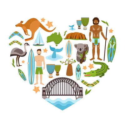 Australia travel tourism and landmarks decorative icons set in heart shape vector illustration