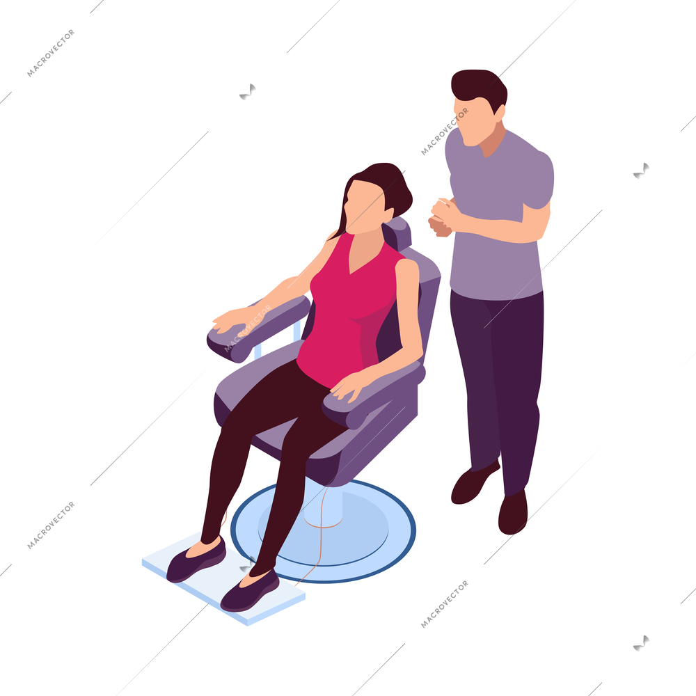 Isometric barbershop hairdressing composition with hair styling salon images on blank background vector illustration