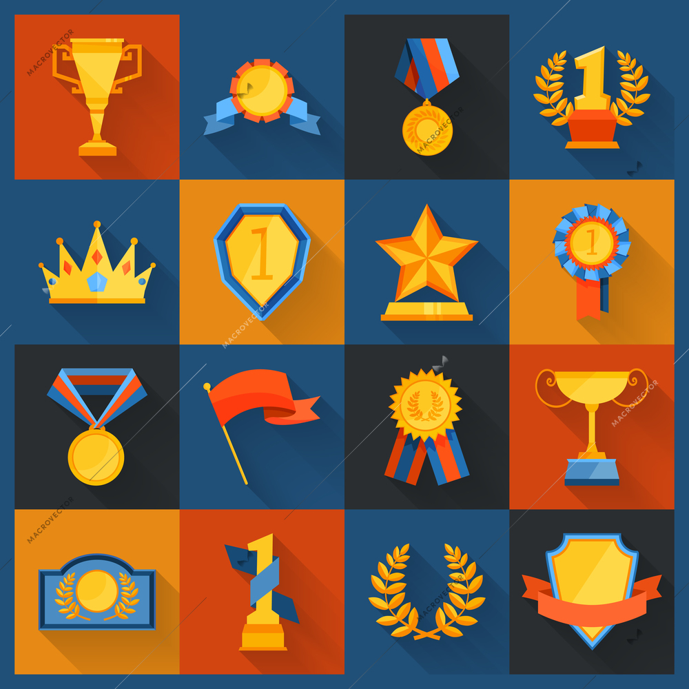 Award icons set flat of cup prize ribbon medal figurine isolated vector illustration