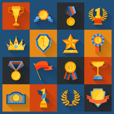 Award icons set flat of cup prize ribbon medal figurine isolated vector illustration