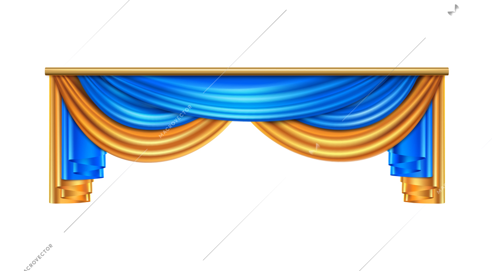 Full volume golden blue luxury draping curtains composition with realistic image on blank background vector illustration