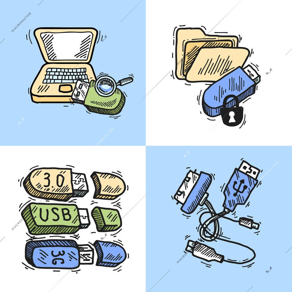 Usb and computer data transfer technology sketch design concept set isolated vector illustration