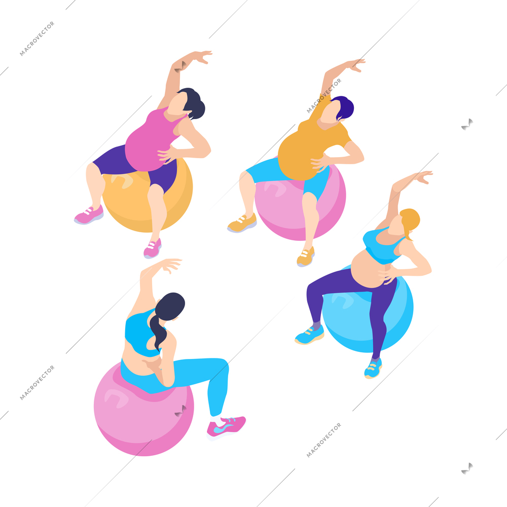 Isometric group aerobic gym dance yoga class instructor composition isolated on blank background vector illustration