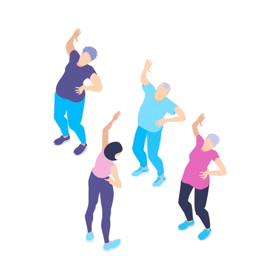 Isometric group aerobic gym dance yoga class instructor composition isolated on blank background vector illustration