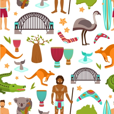 Australia seamless pattern with australian aborigine animals and tourist vector illustration
