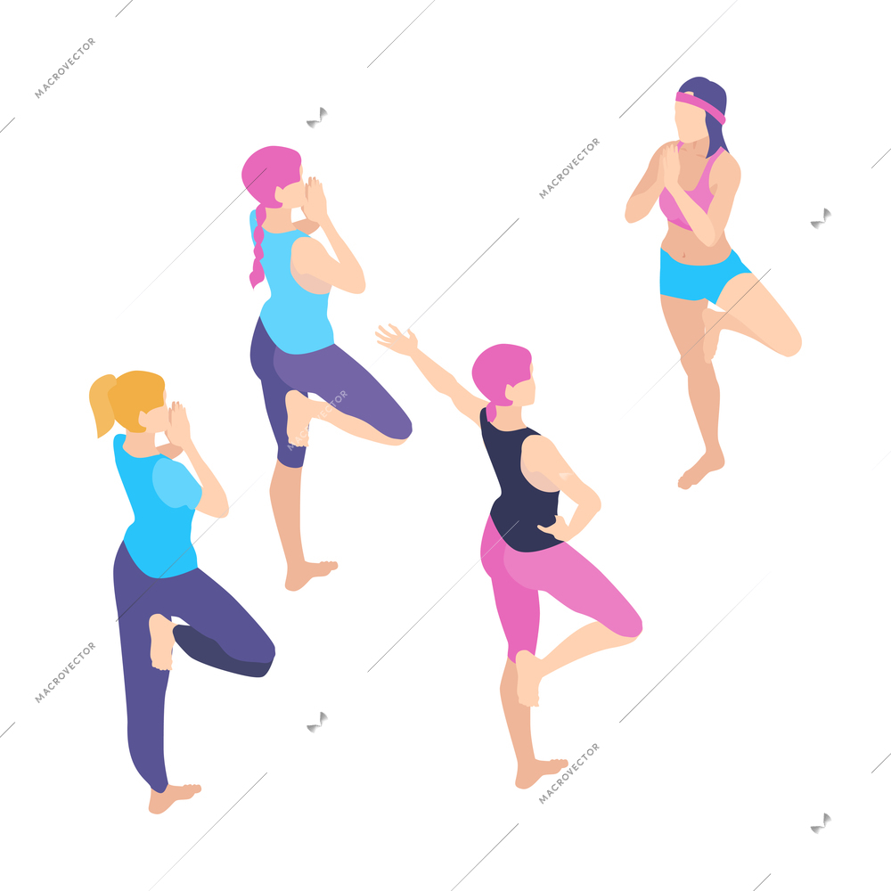 Isometric group aerobic gym dance yoga class instructor composition isolated on blank background vector illustration