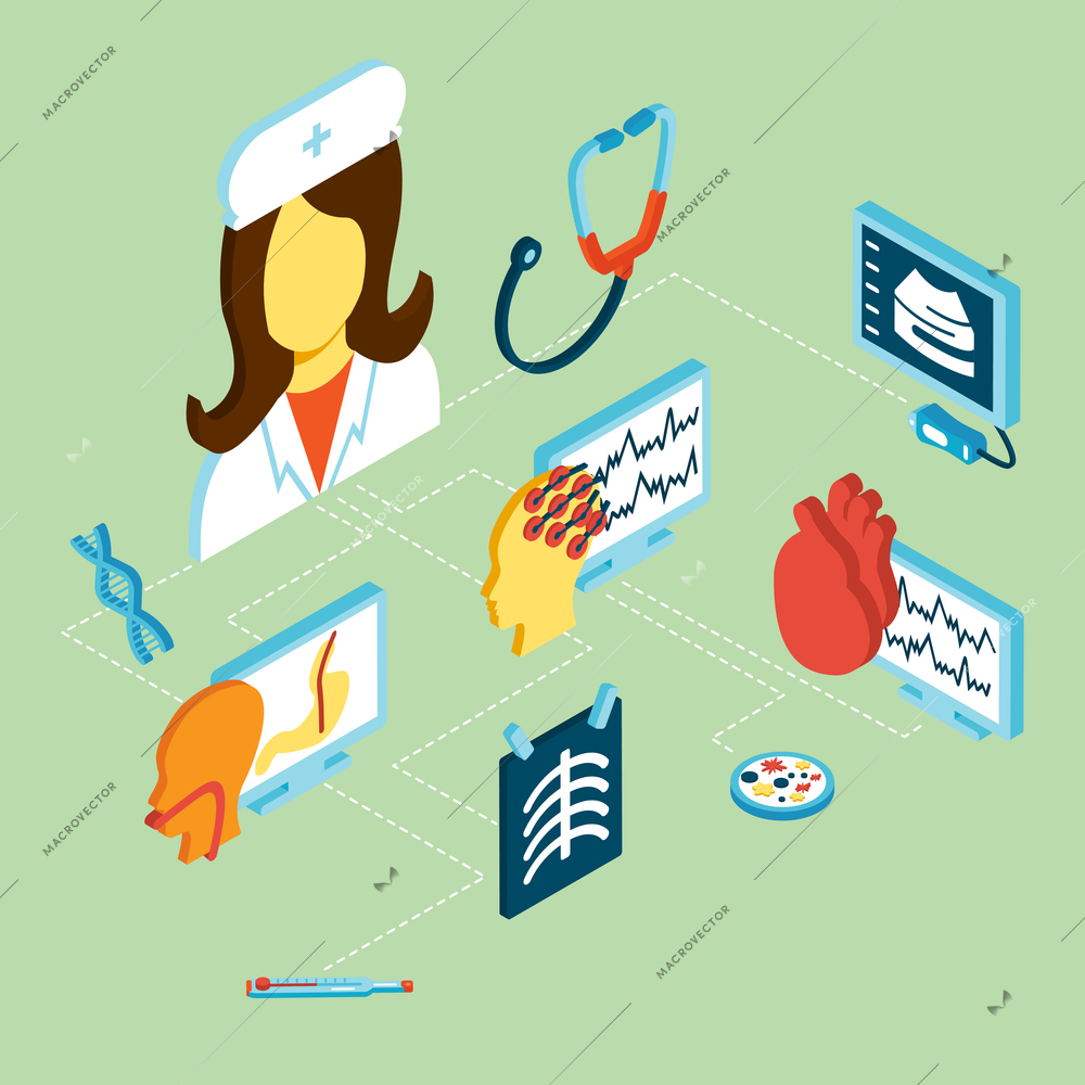 Medical isometric icons set with phonendoscope test elements and doctor avatar isolated vector illustration
