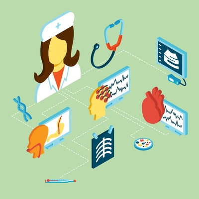 Medical isometric icons set with phonendoscope test elements and doctor avatar isolated vector illustration