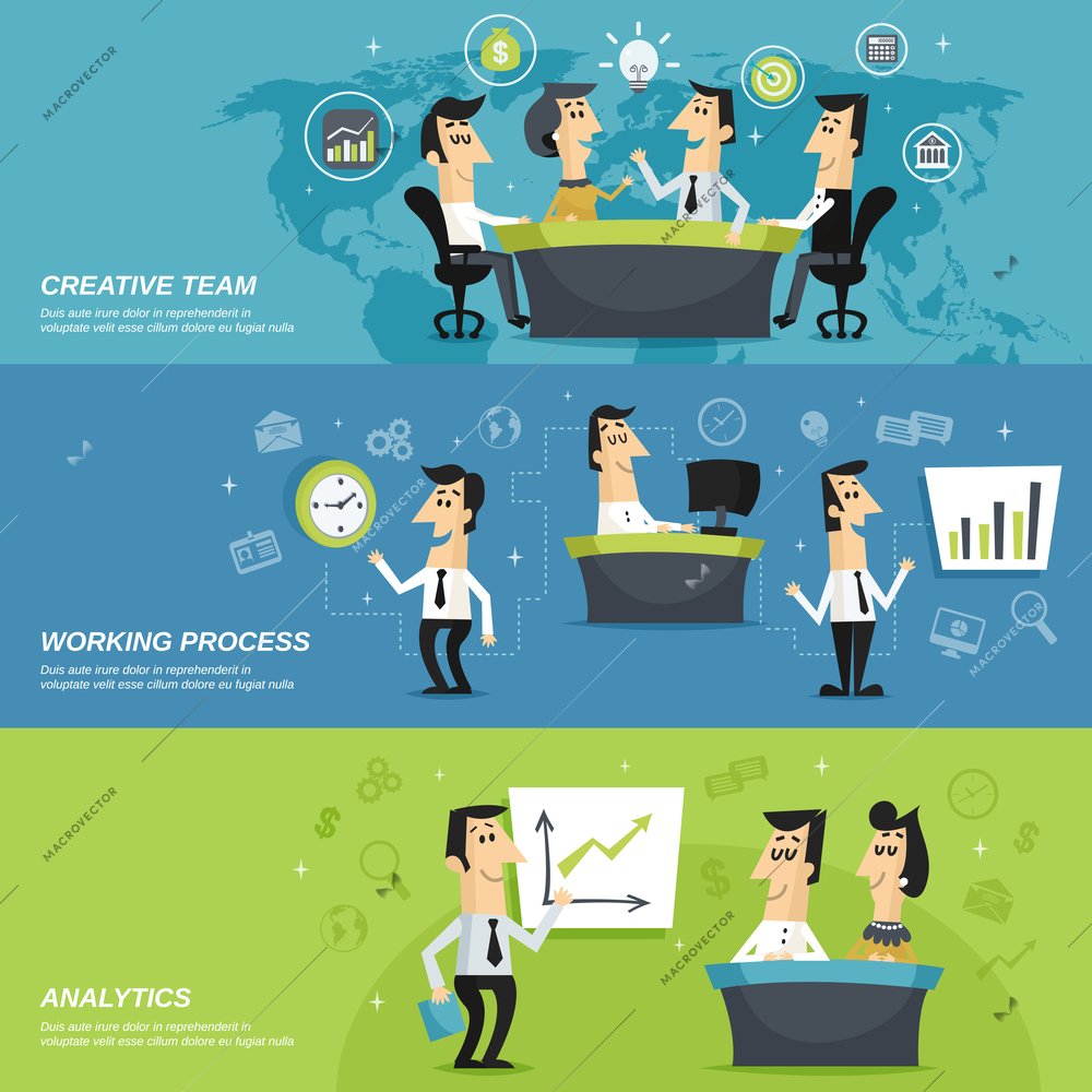 Office work team creative planning strategy and analytic results presentation horizontal banners set abstract isolated vector illustration