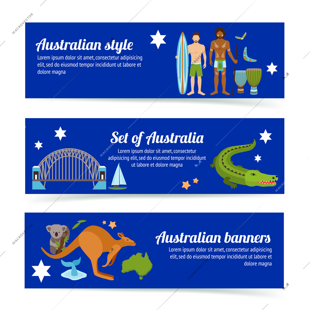 Australia horizontal banner set with tourist and travel landmarks isolated vector illustration