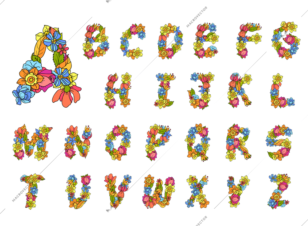 Flowers alphabet colored abc letters decorative icons set isolated vector illustration